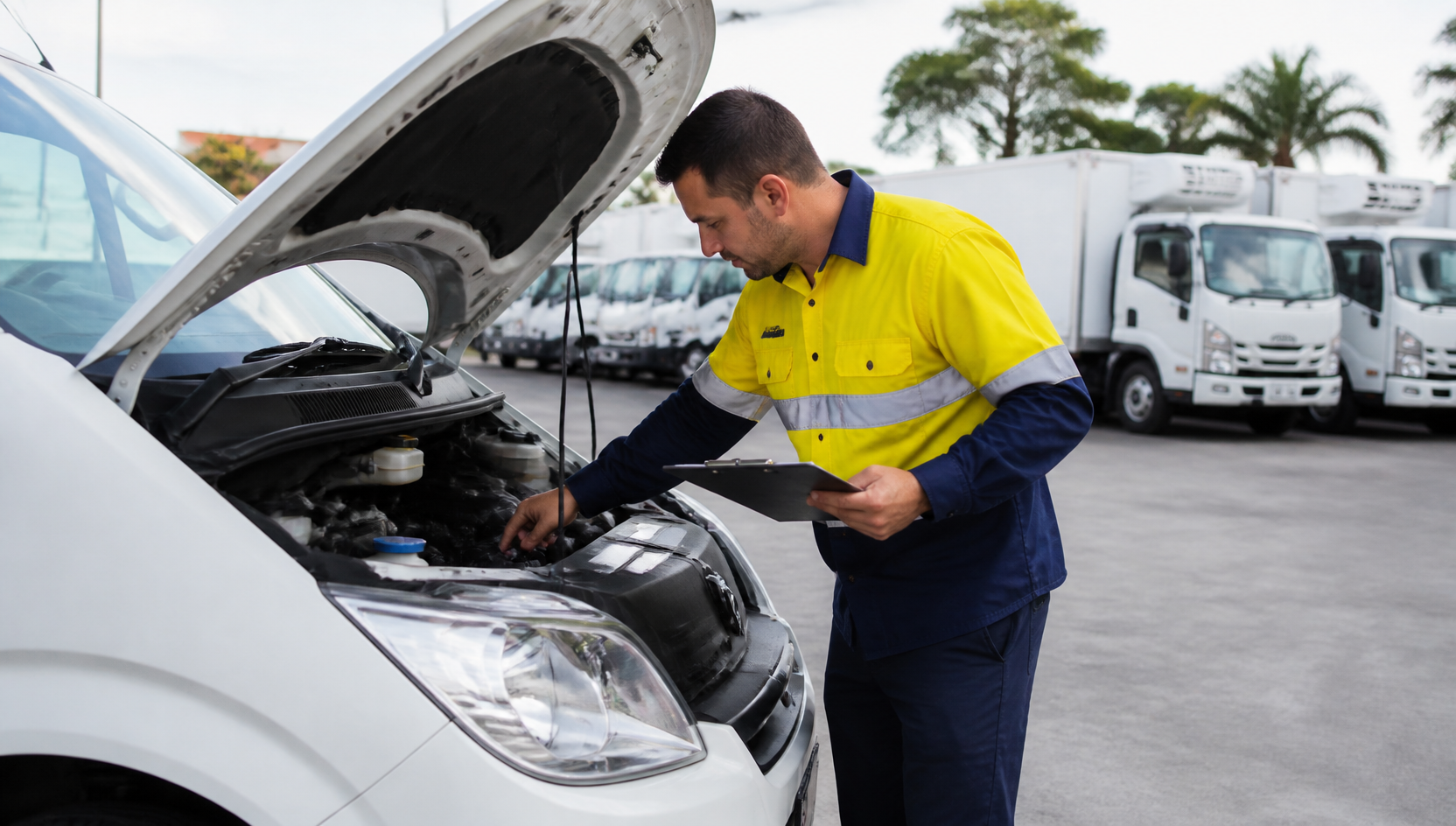 Technician inspecting a fleet vehicle during a scheduled maintenance check